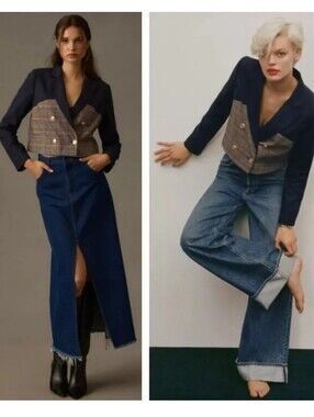 NWT Anthropologie DOLAN Corset Blazer Plaid Navy Blue & Brown Cropped Jacket
